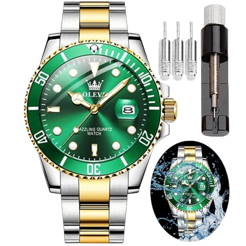 OLEVS Reloj para Hombre, Resistente al Agua, Esfera Azul, Reloj de Pulsera de Lujo de Acero Inoxidable de Dos Tonos con Fecha de día, Reloj de Cuarzo clásico Deportivo clásico de Mod