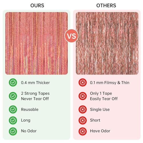 Image of 2 Pack 3.3 x 8.2 ft Tinsel Foil Fringe Backdrop Curtain, Upgraded Rose Gold Glitter Metallic Streamers, Party Photo Curtains Backdrop for Birthday Wedding Bride Prom Bachelorette Party Decor