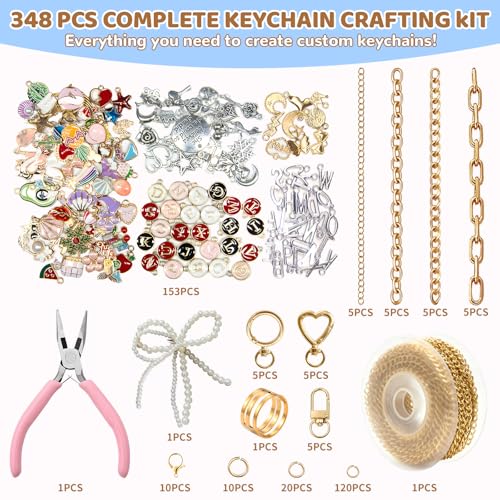 Image of 348Pcs Charms Lip Gloss Keychain Making Kit,DIY Craft with Charms,Key Chain Hooks,Jump Rings,Lobster Clasps,Chains & Tools,Bag Charm Kit,Keychains Make Supplies for DIY Crafting and Jewelry Making