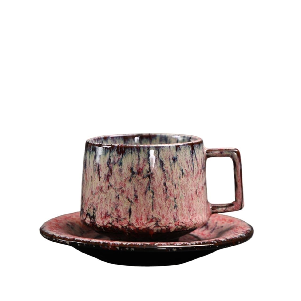 LIBANGRONG-888 Mugs Coffee Cup with Saucer Set Ceramic Retro Stoneware Mug Pink Milk Tea Cup