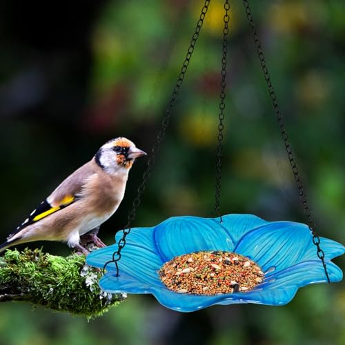 Image of HONGLAND Bird Baths for Outside,10 Inch Small Blue Glass Birdbaths Outdoor,Detachable Bird Feeder with Metal HangingStake for Garden Yard Patio Decor,15 inch Height