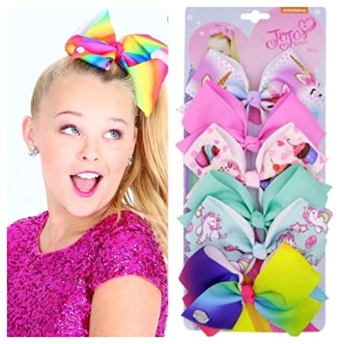 JOJO SIWA Hair bows Clips - 6 pieces/set siwa rainbow printed knot ribbon bow for girls handmade boutique hair clip children hair accessories (B)