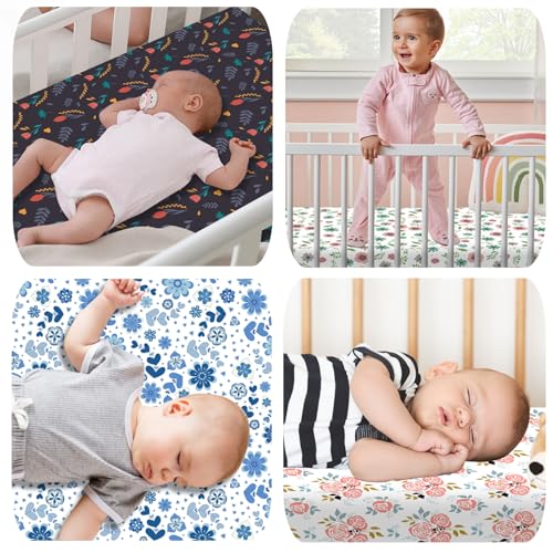 Image of 4 Pack Small Floral Pattern Baby Crib Sheets for Boys and Girls, Soft Breathable Microfiber Crib Sheet, 28 X 52 in Fitted Crib Sheets for Toddler Bed Mattress & Standard Baby Crib