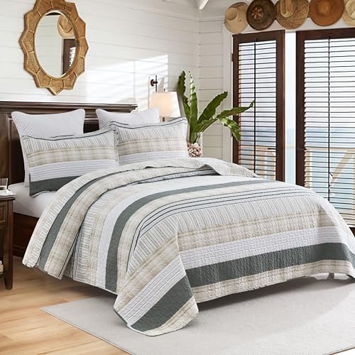 Image of Homzard Quilts Queen Size - Cotton Queen Size Comforter Sets,Beige Grey Cotton Bedding,Striped Plaid Comforter Bedspread (90 * 98 Inches),3 Piece