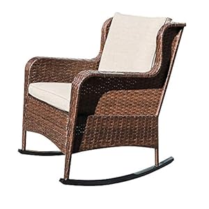 SUNSITT Outdoor Resin Wicker Rocking Chair with Olefin Cushions Patio Yard Furniture Club Rocker Chair Brown Wicker Beige Cushions