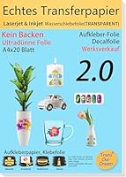 TransOurDream A4X20 Blatt,Upgrade Inkjet/Laser Wasserschiebefolie(Sehr gut für Kerzen) Hauchdünn,Abziehbild,Nassschiebefolie für Spielzeugmodelle,Tassen,Keramik, Glas, Kunststoff,water slide paper