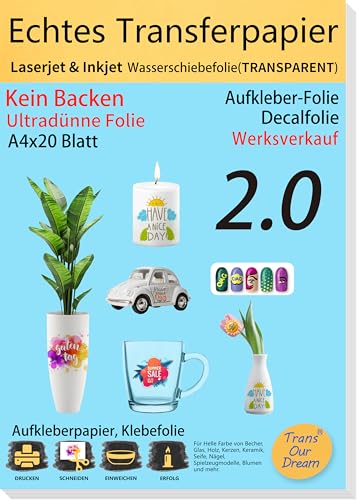 TransOurDream A4X20 Blatt Upgrade Inkjet/Laser Wasserschiebefolie(Sehr gut für Kerzen) Hauchdünn Abziehbild Nassschiebefolie für Spielzeugmodelle Tassen Keramik Glas Kunststoff water slide paper