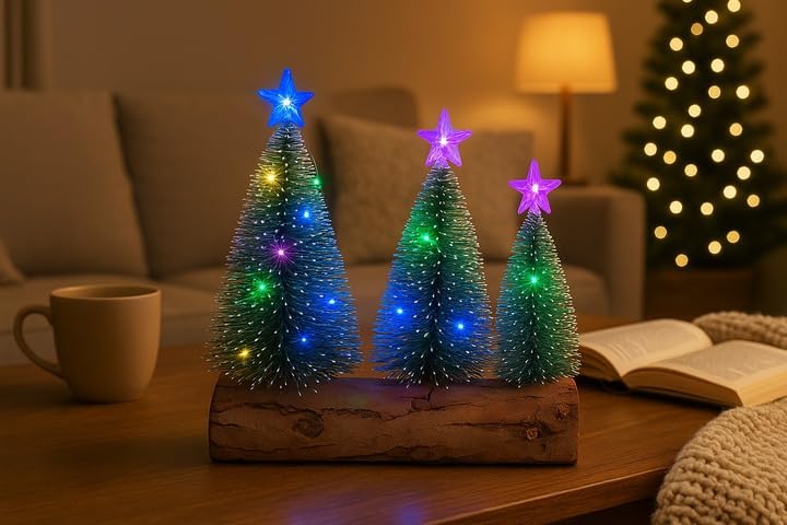 The Decor Wick Set of 3 Christmas LED Table Tree Set with Wooden Base | Resin Bottle Brush Trees with Star Top & Multicolor Battery Operated LED Lights for X-mas Decoration