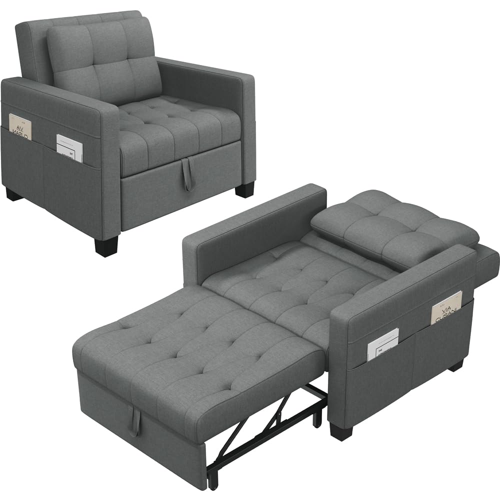 Yaheetech Schlafsessel mit Bettfunktion 3-in-1 Ausziehbares Schlafsofa Umwandelbarer Stuhl Bett Verstellbarer Einzelsessel mit Seitentasche, Liegefläche 190 x 71,5 cm, für kleinen Raum, Grau