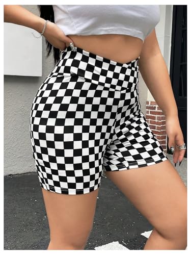 WDIRARA Women's Plus Size Checkered High Waisted Biker Shorts V Cross Tummy Control Workout Shorts3