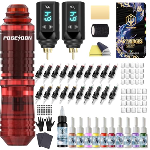 Machine de tatouage pour débutants POSEIDON tout-en-un sans câble avec encres