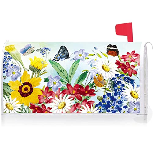 Image of Texupday Spring Summer Flower Butterfly Decoration Mailbox Cover with Magnetic Strip Colorful Floral Blooms Mailbox Wraps Post Letter Box Cover Standard Size 21 inch X 18 inch for Garden Outdoor Yard Decor