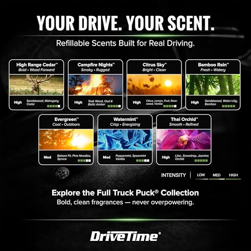 Image of Drive Time Truck Puck Bamboo Rain Fragrancee Car Air Freshener - Long-Lasting Car Deodorizer, Refillable Vent & Visor Clip Auto Air Freshener for Car, Truck & SUV, Premium Fragrance, Pack of 3