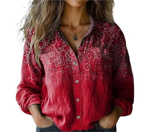 Vintage Boho Tops for Women Floral Print Shirt Casual Long Sleeve Button Up Blouses 3D Digital Printinghirts Tops3
