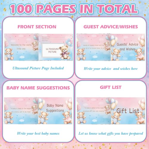 Image of Fuyoooo 27 Pcs Blue and Pink Bear Baby Shower Guest Book Set Baby Shower Sign in Guest Balloon Book Place Table Cards with Gold Pen Adhesive Photo Corner for Blue Pink Bear Theme Birthday Party