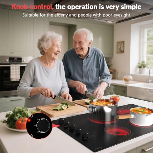 Image of Karinear 36 Inch Electric Cooktop Knob Control 5 Burners Radiant Stove Top | Hardwired 220-240V, No Plug, Built-in Design, Perfect for the elderly, 9 Power Levels, Residual Heat Indicator, 8400W, 40A