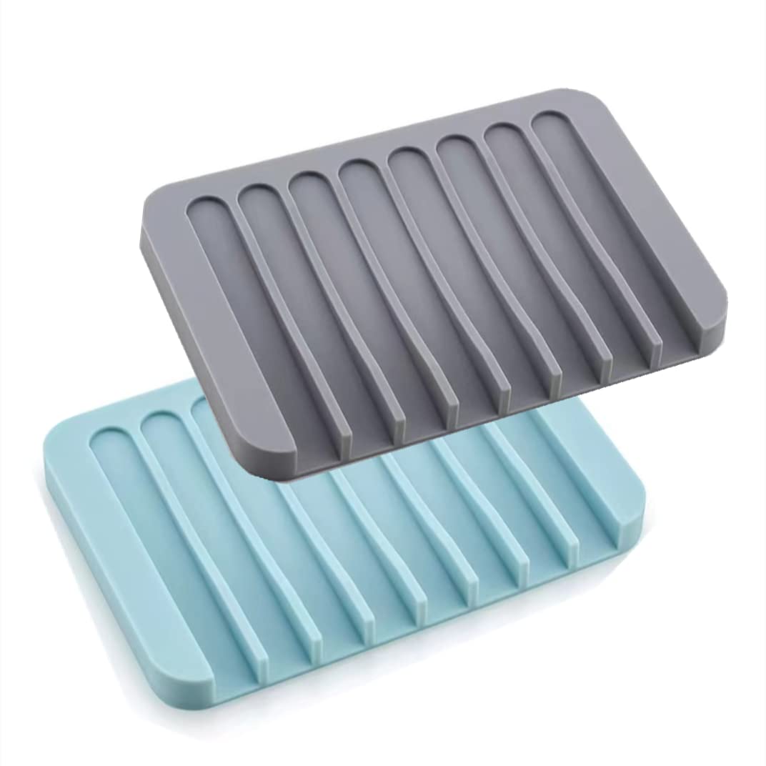 Bathroom Soap Dishes Dish Holder Stand Saver Tray Case for Shower，Silicone Sink Deck Bathtub Shower Dish Soap Drainer, Silicone Holder for Soap, Sponges, Scrubber (Blue)