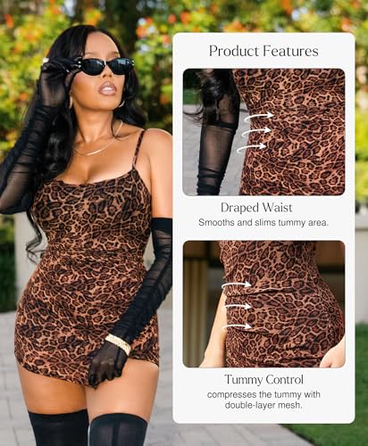Popilush Leopard Print Dress with Built in Shapewear Spaghetti Strap Mini Dresses Mesh Ruched Bodycon Summer Splash2