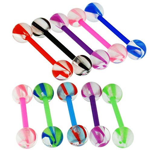 Straight Barbells 14Gx5/8 (1.6x16MM) Flexible with 5MM UV Marble Ball Tongue Piercing Rings - 10 Pieces Assorted Color as Show