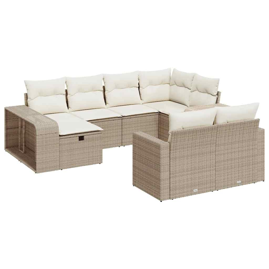 Juego de sofá modular de ratán sintético para jardín con espacio de almacenamiento y fundas de almohada extraíbles, 10 piezas, color beige