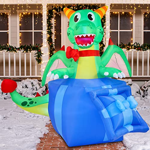 Joiedomi 6 Ft Christmas Inflatable Dragon In A Gift Box, Christmas Inflatable With Build-In Leds Blow Up Inflatables For Christmas Party, Outdoor, Yard, Garden, Lawn Winter Decorations #TOP14