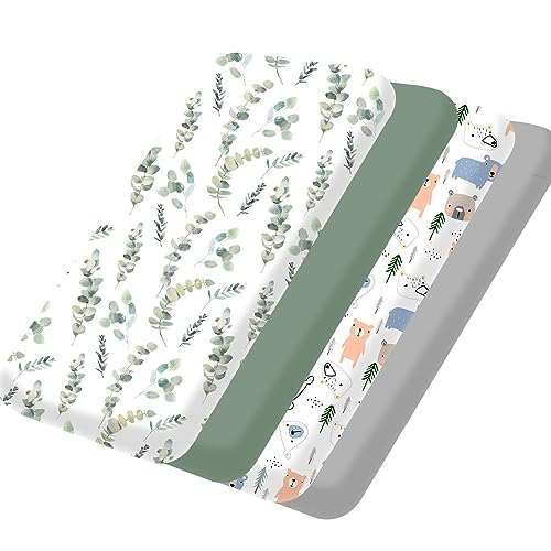 Image of Bimocosy Pack and Play Sheets Fitted 4 Pack, 38 x 26 Inch Pack n Play Mini Crib Sheets for Boys and Girls, Soft Stretchy Playard Mattress Sheets for Graco Pack n Play, Forest Cubs