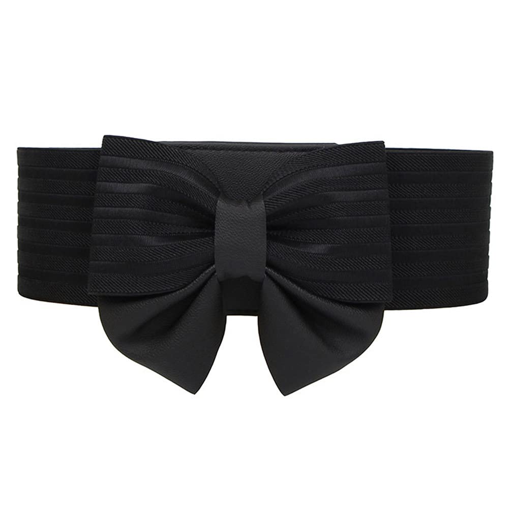 Women Girls Black Bow Wide Waist Belt Elastic Stretch Cinch Waistband Decorative with Bowknot for Dress
