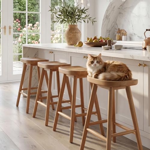 Image of HNY Backless Counter Height Bar Stools Set of 3, 24'' Modern Counter Stool Rustic Farmhouse Wooden Saddle Stools Ergonomic-Seat Barstool Chairs, Bar Height Stools for Kitchen Counter Island, Brown