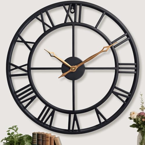 Horloge Murale 60 cm en Métal, Grande Horloge Murale Décorative Design Moderne avec Grands Chiffres Romains Noirs et Aiguilles Dorées Vintage, Silencieuse...
