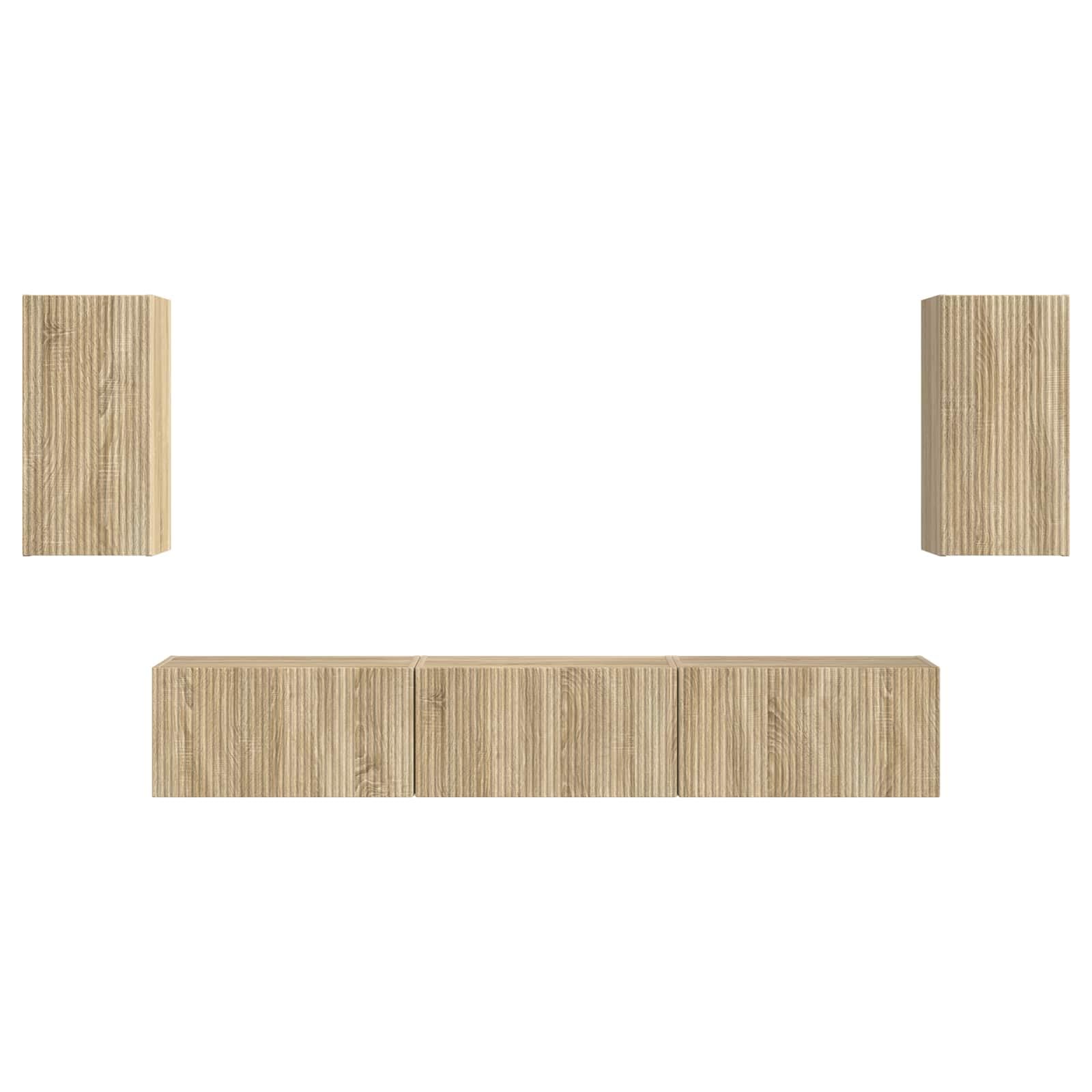 Moderno mueble de TV montado en la pared de 5 piezas en roble Sonoma de madera, compuesto por dos armarios de pared y tres armarios de TV para un amplio almacenamiento de dispositivos