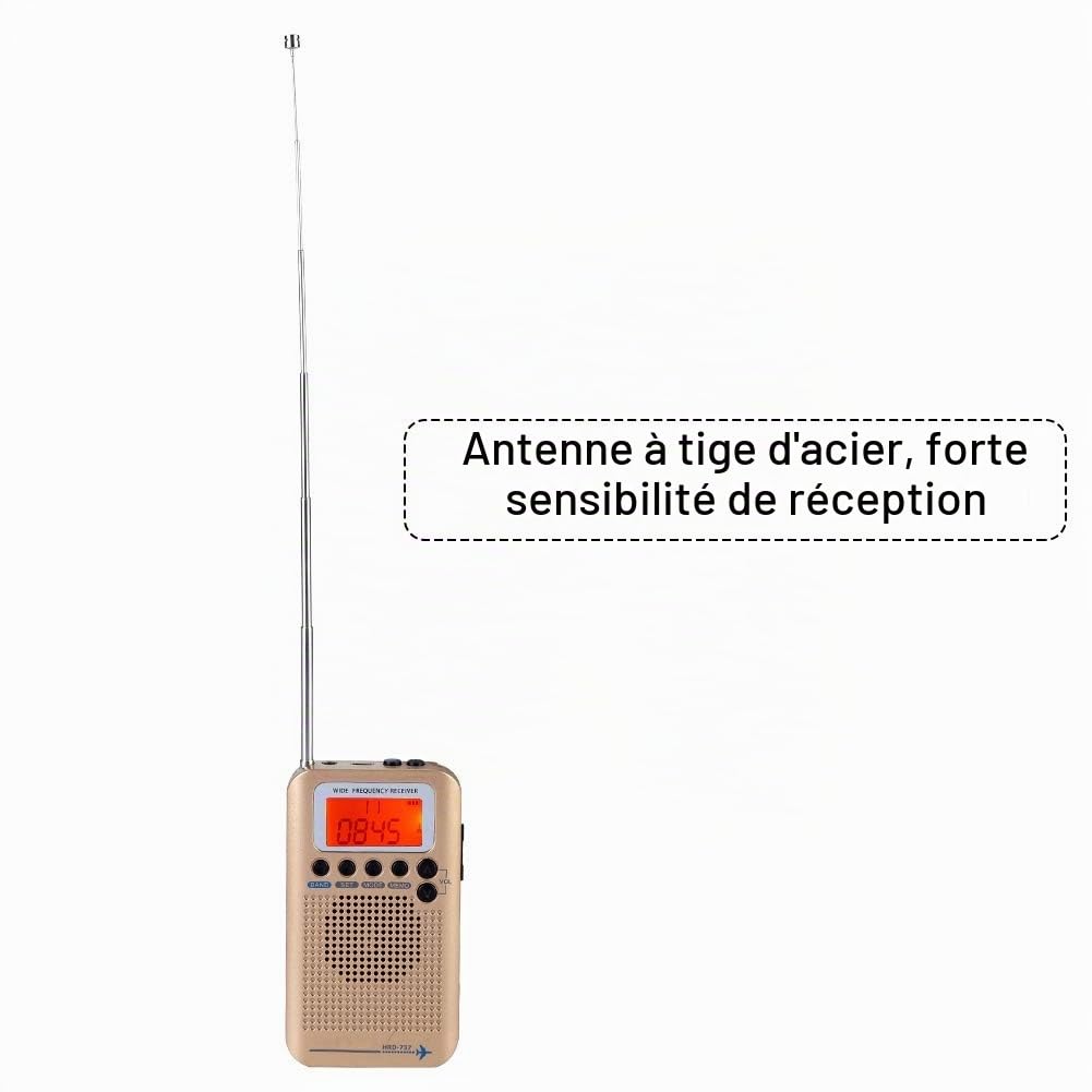 Diyeeni Récepteur Radio Multifonctionnel Portable Rechargeable Noir Jaune, FM/AM/CB/SW/VHF/Aviation, Haut-Parleur, Casque, Affichage LCD, Antenne Externe, Cordon
