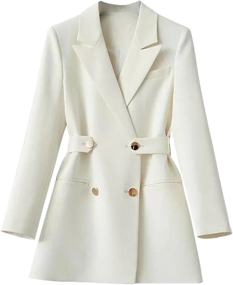Chic Double Breasted Slim Women's Blazer Retro Office Blazer for Temperament Women with Belt