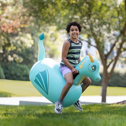 Hearthsong Hop N Go Inflatable Blue Dragon Bouncy Riding, Hopping Toys for Kids Ages 5+ - Ride On Bouncer Animal Hopper Jumping Toys for Outdoor Games