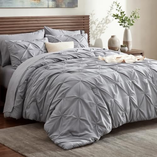 Image of Bedsure Oversized Queen Comforter Set Grey - Bed in a Bag Bedding Set 7 Pieces, GentleSoft Pintuck Bed Set Gift for Family, All Season Down Alternative Comforter with Sheets, Pillowcases & Shams