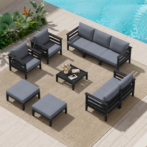 Image of SERWALL HDPE Outdoor Furniture Set, 10 Pieces Patio Sectional Sofa Set | All-Weather Wood-Like Outdoor Sofa Couch with Coffee Table, Modular Design for Flexible Combination