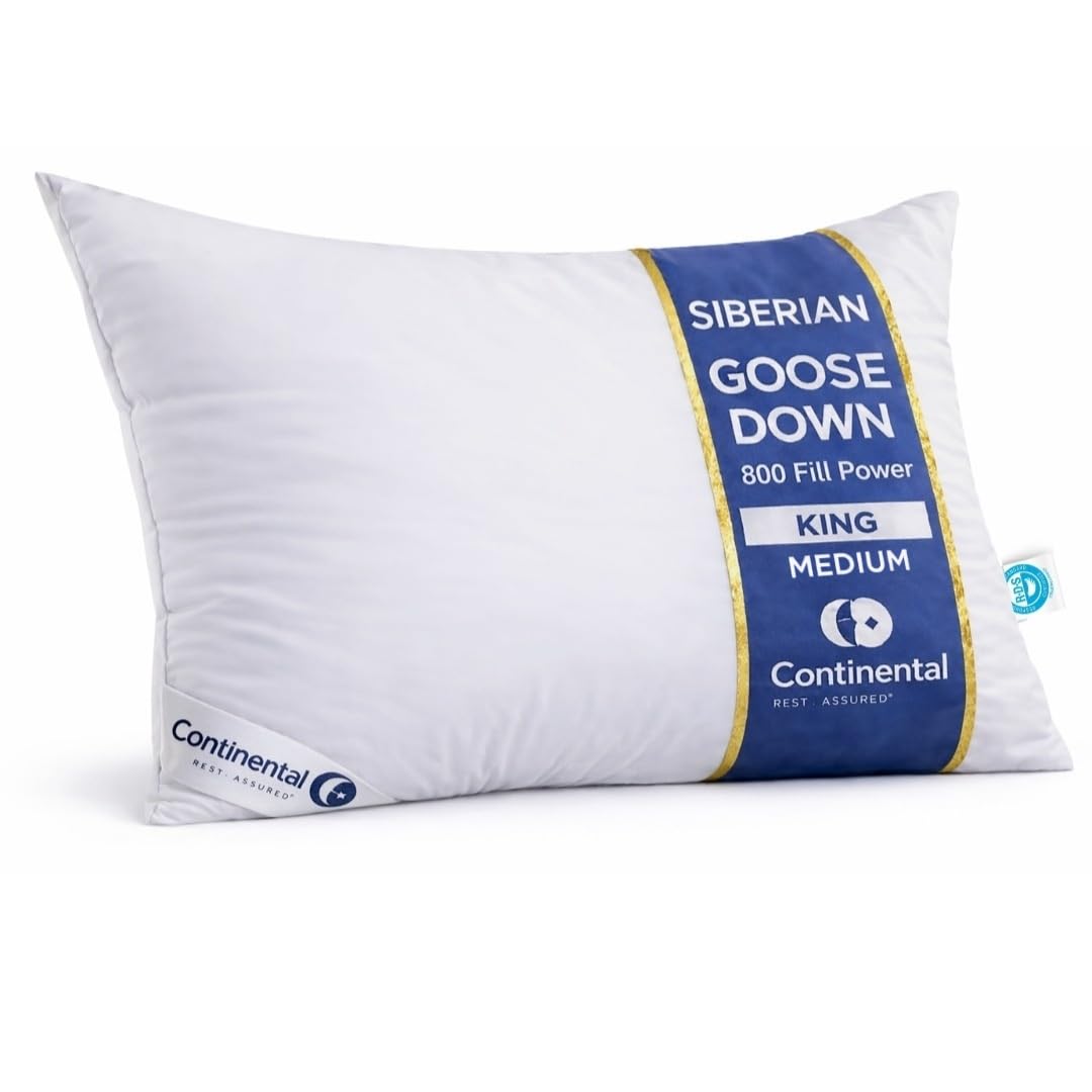 Continental Bedding Siberian Goose Down Pillow - 800 Fill Power White Goose Down - 400 Thread Count 100% Cotton Shell - Soft, Medium & Firm Luxury Pillow - Handcrafted in USA
