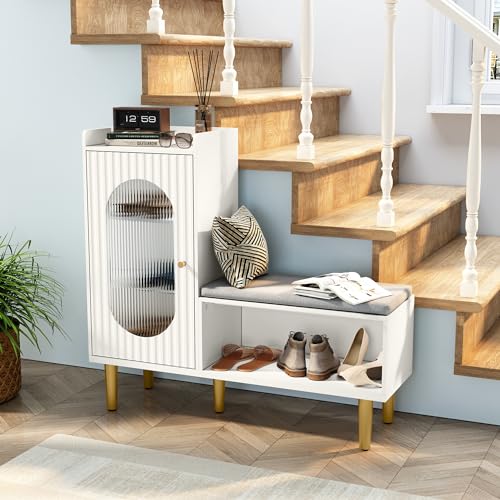 Image of HLR Storage Bench Set of 2, White Modern Entryway Shoe Cabinet Bench with Glass Door&Shelf, L-Shaped Storage Cabinet with Padded Seat for Hallway, Bedroom, Living Room, Office