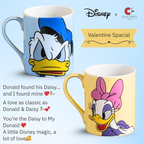 Image of Clay Craft x Official Disney Donald and Daisy Duck Valentine Special Ceramic Mug Set (Set of 2, 330ml) - Romantic Couple Gift for Valentine's Day, Anniversary & Wedding - Microwave & Dishwasher Safe