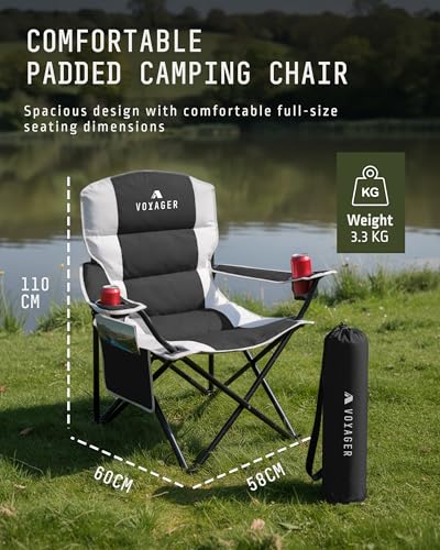 Voyager Folding Camping Chairs 2 Pack with Cooler Bag, Lightweight Q195 Steel Frame, 600D Oxford Fabric, Portable & Comfortable - Black (Black, Padded) - Image 4