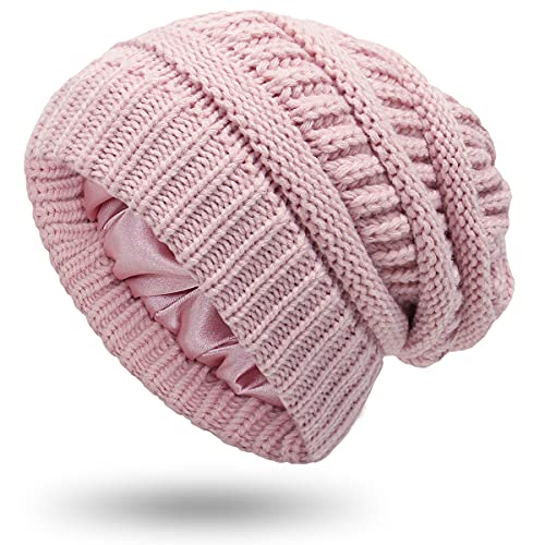 Yixda Slouchy - Gorro de invierno para mujer con forro de satén, cálido, Rosa., 54/60 cm Cover