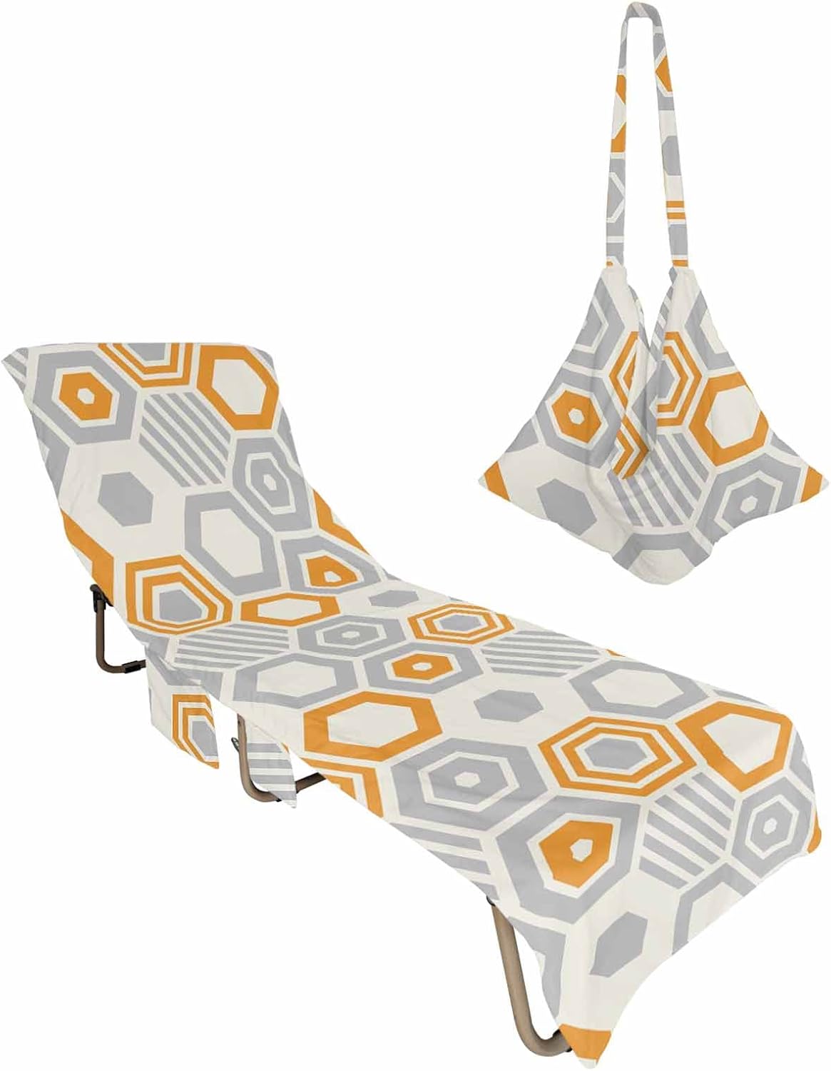 Geometric Orange Grey Beach Pool Patio Lounge Chaise Chair Cover Towel With Pockets,Absorbent & Quick Dry Microfiber Towel Cover Bag Summer Accessories for Sunbathing Abstract Modern Geometric Art