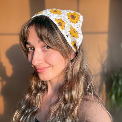 Image of DRESHOW Floral Crochet Hair Bandana 2 PCS Tie Knotted Daisy Headscarf Vintage Headband Knitted Head Kerchief for Women&Girls
