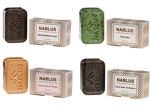 Nablus Soap natürliche Olivenölseife 4er Set (4 x 100g) Totes Meer Schlamm Damaskus Rose Thymian Schwarzkümmel, für sensible Haut, handgemacht und palmölfrei, aus 80% extra nativem Olivenöl Cover