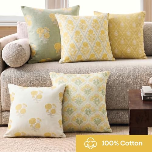 Image of haus & kinder 100% Cotton Cushion Covers Set of 5 | Digital Printed Yellow & Grey Floral Geometric Design | 40 x 40 cm (16x16 Inch) Decorative Throw Pillow Covers for Sofa, Living Room & Bedroom