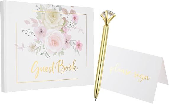 PATIKIL Guest Book, 9.3x7 Elegant Wedding Guestbook Colorful Bouquet Cover Memory Book with Diamond Signing Pen and Greeting Card for Wedding Bridal Birthday Party Events, Gold Tone