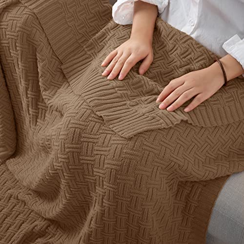 Rudong M Light Brown Cotton Cable Knit Throw Blanket, Cozy Warm Knitted Couch Cover Blankets, 50 X 60 Inch #TOP2