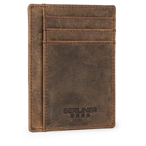 Berliner Bags Vintage Genuine Leather Slim Wallet for Men Karl, RFID Blocking Card Holder with ID window, Front Pocket Wallets, Card Case for Men and Women - Brown