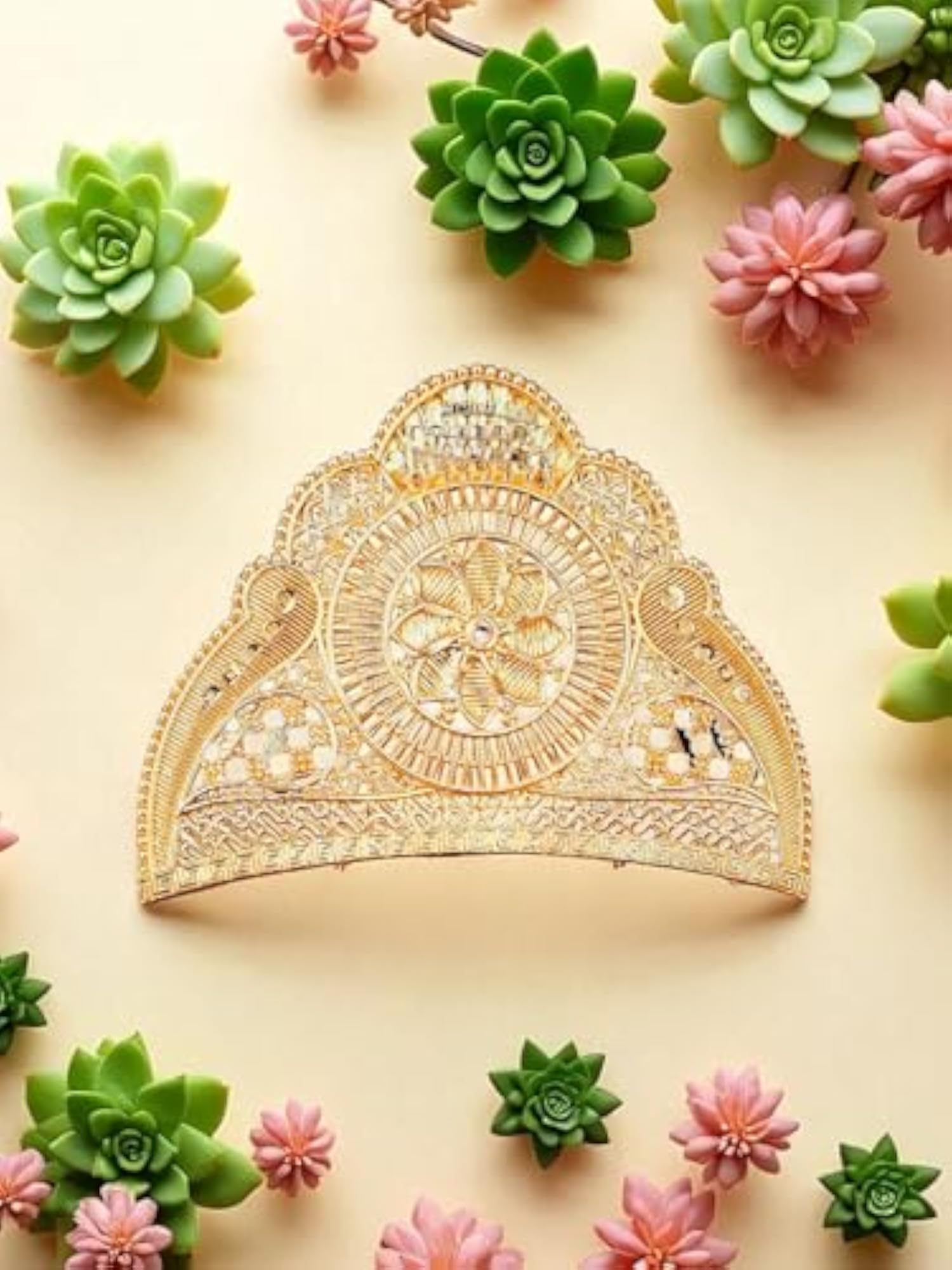Heritage Style Golden Bridal Mukut with Leaf Motifs