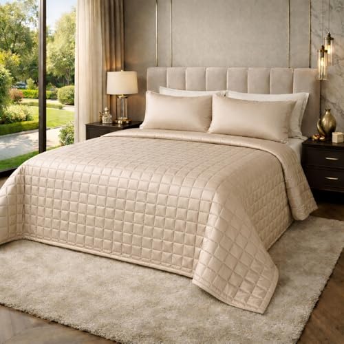 CLARA HOME Copriletto Matrimoniale 2 Piazze Colore Crema, Trapuntato in Raso Satin, Coperta Leggera Mezza Stagione, Autunno Primavera, Elegante per Camera da Letto, Made in Italy
