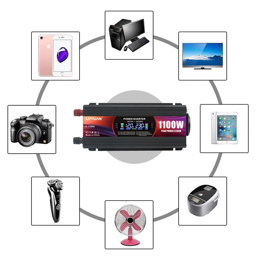 LVYUAN Inversor CC 12V a 220V 230V 1100W/ 2200W Convertidor de Corriente Transformador 2 Puertos USB/enchufes UE